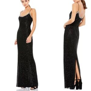 Worn only 1 time! Mac Duggal Fully Beaded Spaghetti Strap Black Column Long Gown